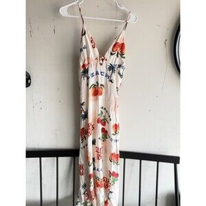 Paper Heart White Red Green Fruit Print V-Neck Spaghetti Strap Maxi Dress L